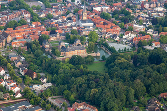 Aerial view of Moated castle and castle garden in Ahaus in the state North Rhine-Westphalia, Germany
