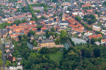 Aerial photograpy of Moated castle and castle garden in Ahaus in the state North Rhine-Westphalia, Germany