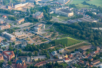 Park of Gronau LAGA with garden-island between channels in front of the rock'n'popmuseum in Gronau (Westfalen) in the state North Rhine-Westphalia, Germany