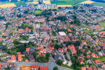 Dorfheide district main street Schulstraße from the east in Reken in the state North Rhine-Westphalia, Germany