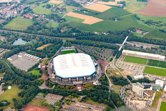 Football stadium "Veltins Arena Auf Schalke" of the football club Schalke 04 in Gelsenkirchen in the state of North Rhine-Westphalia. The roof is open