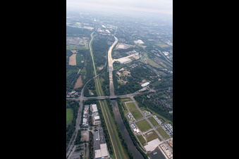 Aerial photograpy of Emscher and Rhine-Herne Canal in the district Bismarck in Gelsenkirchen in the state North Rhine-Westphalia, Germany