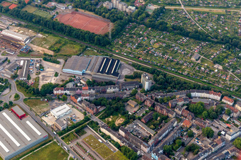 Building and production halls on the premises Ehmer+Sonntag between Ahlmannshof and Kleingaertnerverein Emschertal e.V. in Gelsenkirchen in the state North Rhine-Westphalia, Germany