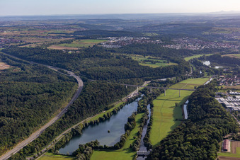 River - bridge construction crossing the Neckar valley and a lake in Kirchentellinsfurt in the state Baden-Wuerttemberg, Germany