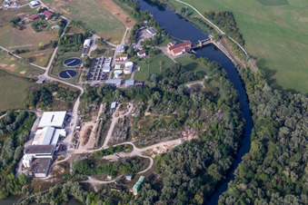 Aerial photograpy of Kiebingen sewage treatment plant in Rottenburg am Neckar in the state Baden-Wuerttemberg, Germany