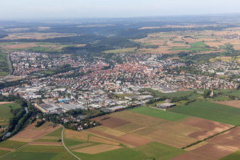 Aerial view of City area with outside districts and inner city area in Rottenburg am Neckar in the state Baden-Wuerttemberg, Germany