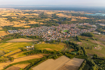 Aerial view of Village on the river bank areas of the Rhine river in Mothern in Grand Est, France