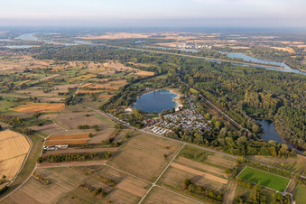 Aerial view of Camping with caravans and tents in Plittersdorf in the state Baden-Wuerttemberg, Germany