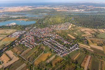 Aerial view of Village on the river bank areas of the Rhine river in Wintersdorf in the state Baden-Wuerttemberg, Germany