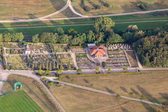 Aerial view of Cemetery in Iffezheim in the state Baden-Wuerttemberg, Germany