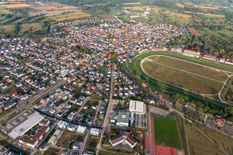 Racetrack racecourse - trotting Rennbahn Iffezheim in Iffezheim in the state Baden-Wuerttemberg, Germany from above