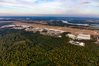 Aerial view of Runway with hangar taxiways and terminals on the grounds of the airport Karlsruhe / Baden-Baden (FKB) in Rheinmuenster in the state Baden-Wuerttemberg, Germany