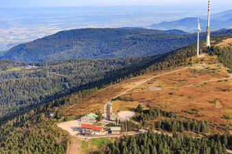 Aerial view of Hornisgrinde, highest mountain in the northern Black Forest with SWR transmitter, Bismarck Tower and Hornisgrinde Tower in Seebach in the state Baden-Wuerttemberg, Germany