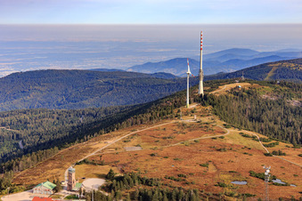 Aerial photograpy of Hornisgrinde, highest mountain in the northern Black Forest with SWR transmitter, Bismarck Tower and Hornisgrinde Tower in Seebach in the state Baden-Wuerttemberg, Germany