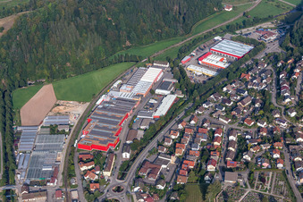 Aerial photograpy of Buildings and production halls on the vehicle construction site of DOLL Fahrzeugbau GmbH in Oppenau in the state Baden-Wuerttemberg, Germany