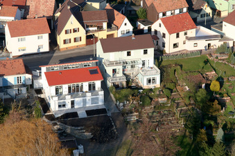 Bahnhofstr in Jockgrim in the state Rhineland-Palatinate, Germany seen from above