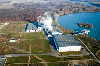 Aerial photograpy of Palm paper mill in the Oberwald industrial area in Wörth am Rhein in the state Rhineland-Palatinate, Germany