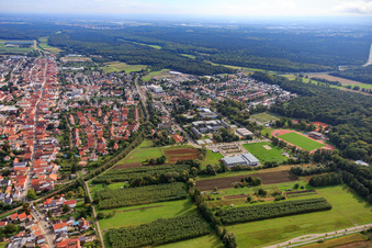 Aerial view of Bienwaldhalle, Integrated Comprehensive School Kandel and Bienwald Stadium in Kandel in the state Rhineland-Palatinate, Germany