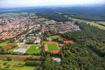 Aerial photograpy of Bienwaldhalle, Integrated Comprehensive School Kandel and Bienwald Stadium in Kandel in the state Rhineland-Palatinate, Germany