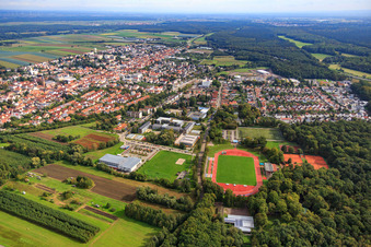 Oblique view of Bienwaldhalle, Integrated Comprehensive School Kandel and Bienwald Stadium in Kandel in the state Rhineland-Palatinate, Germany