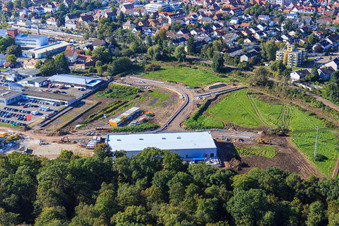 Aerial view of Construction site of the new EDEKA building on Lauterburger Straße in Kandel in the state Rhineland-Palatinate, Germany