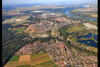 Aerial view of City overview from the south in Germersheim in the state Rhineland-Palatinate, Germany