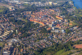 Aerial view of City center overview from the south in Germersheim in the state Rhineland-Palatinate, Germany
