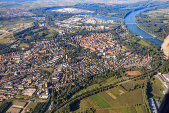 Aerial photograpy of City center overview from the south in Germersheim in the state Rhineland-Palatinate, Germany