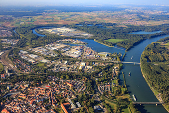 Overview of the Rhine harbor from the south in Germersheim in the state Rhineland-Palatinate, Germany