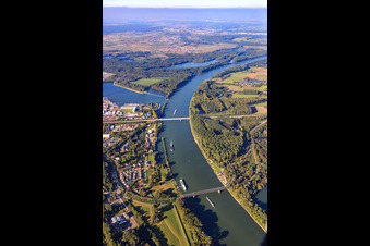 Aerial view of Rhine bridges for the railway and federal highway 35 in Germersheim in the state Rhineland-Palatinate, Germany