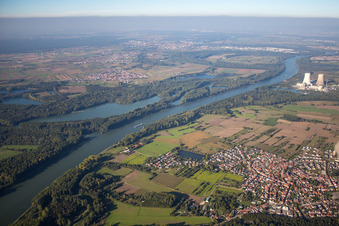 Aerial view of District Rheinsheim in Philippsburg in the state Baden-Wuerttemberg, Germany