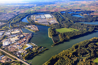 Overview of the Rhine harbor from the southeast in Germersheim in the state Rhineland-Palatinate, Germany