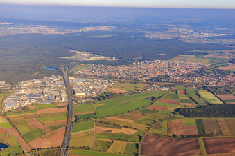 Aerial view of A61 towards motorway junction Hockenheim in Hockenheim in the state Baden-Wuerttemberg, Germany