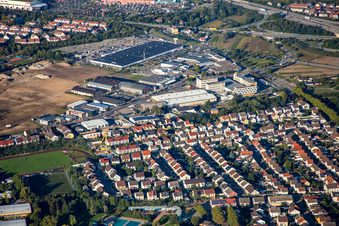 Schütte-Lanz-Park commercial area in Brühl in the state Baden-Wuerttemberg, Germany from the plane