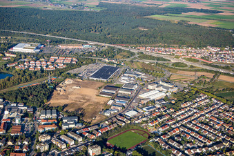 Bird's eye view of Schütte-Lanz-Park commercial area in Brühl in the state Baden-Wuerttemberg, Germany