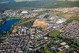 Aerial view of New building construction site in the industrial parkSchuette-Lanz-Park in Bruehl in the state Baden-Wurttemberg