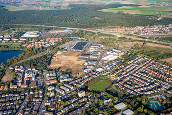 Drone recording of Schütte-Lanz-Park commercial area in Brühl in the state Baden-Wuerttemberg, Germany