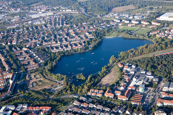District Rheinau in Mannheim in the state Baden-Wuerttemberg, Germany from above