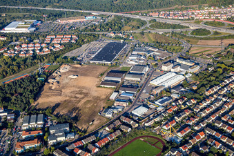 Drone image of Schütte-Lanz-Park commercial area in Brühl in the state Baden-Wuerttemberg, Germany