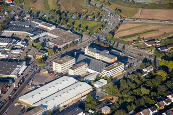 Schütte-Lanz-Park commercial area in Brühl in the state Baden-Wuerttemberg, Germany from the drone perspective