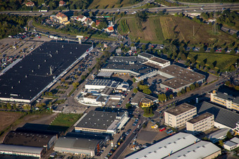 Schütte-Lanz-Park commercial area in Brühl in the state Baden-Wuerttemberg, Germany from a drone