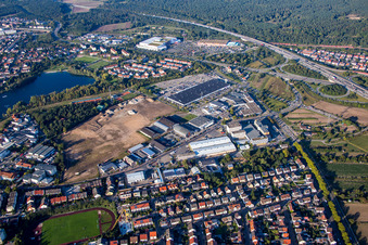 Aerial photograpy of New building construction site in the industrial parkSchuette-Lanz-Park in Bruehl in the state Baden-Wurttemberg