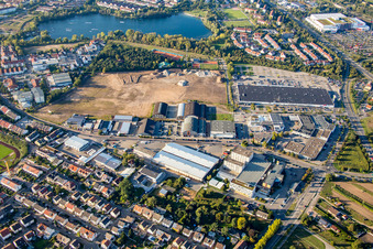 Oblique view of New building construction site in the industrial parkSchuette-Lanz-Park in Bruehl in the state Baden-Wurttemberg
