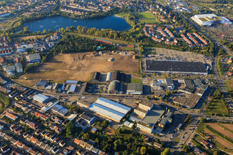 Oblique view of Schütte-Lanz-Park commercial area in Brühl in the state Baden-Wuerttemberg, Germany