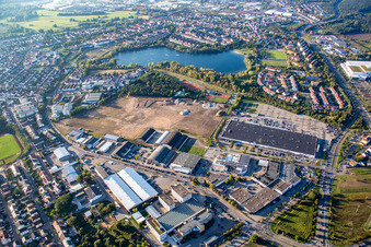 New building construction site in the industrial parkSchuette-Lanz-Park in Bruehl in the state Baden-Wurttemberg from above