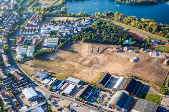 New building construction site in the industrial parkSchuette-Lanz-Park in Bruehl in the state Baden-Wurttemberg out of the air