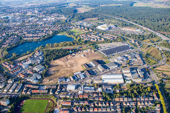New building construction site in the industrial parkSchuette-Lanz-Park in Bruehl in the state Baden-Wurttemberg from the plane