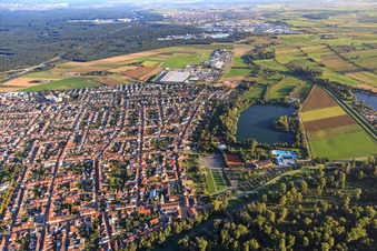Aerial view of View of the town from the northwest in Ketsch in the state Baden-Wuerttemberg, Germany