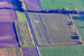 Aerial view of Sports aircraft approaching Herrenteich airfield in Hockenheim in the state Baden-Wuerttemberg, Germany