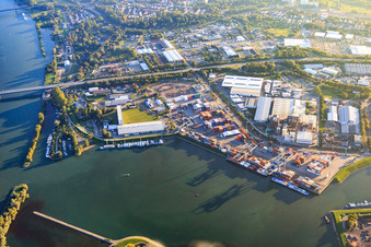 Overview of the Rhine port from the north in Germersheim in the state Rhineland-Palatinate, Germany